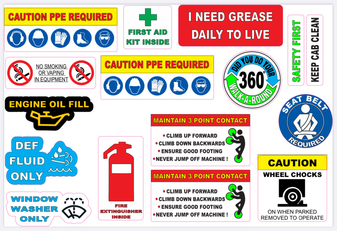 Heavy equipment safety label kit or custom stickers